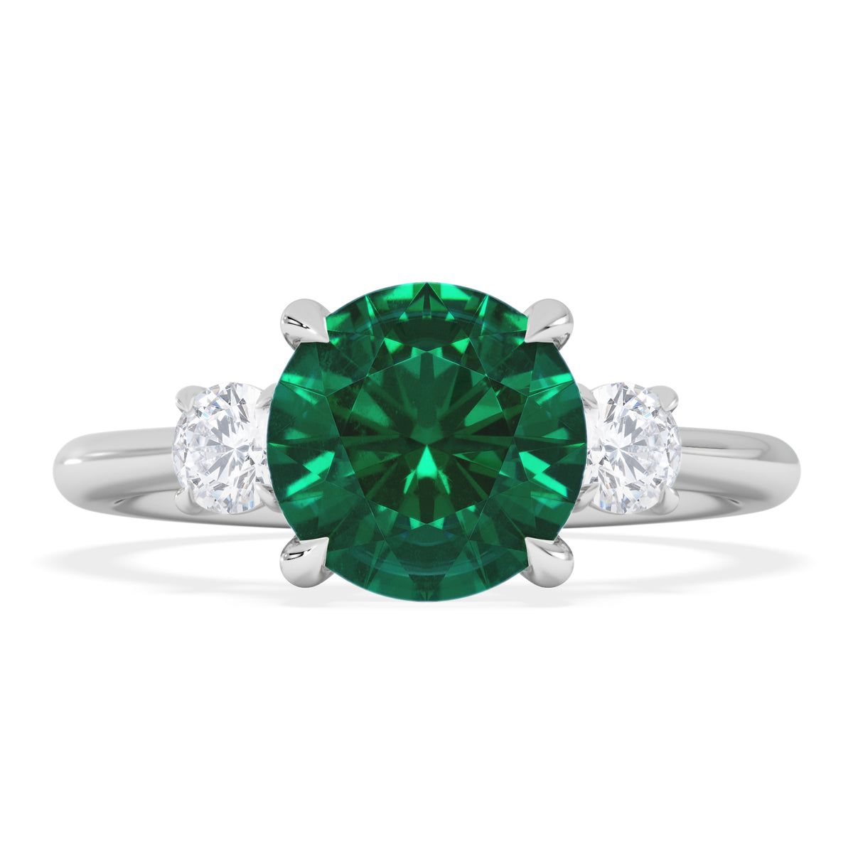 Solene 2.00ct Round Cut Lab Emerald and Lab Diamond 3 Stone Engagement Ring in 18K White Gold