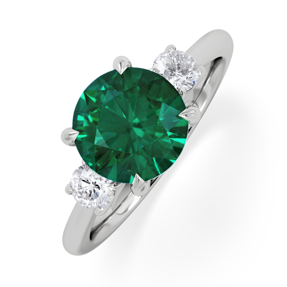 Solene 2.00ct Round Cut Lab Emerald and Lab Diamond 3 Stone Engagement Ring in 18K White Gold