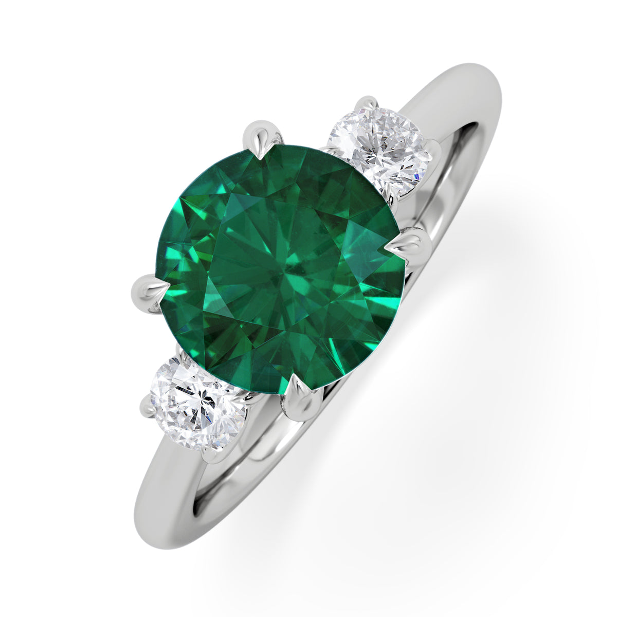 Solene 2.00ct Round Cut Lab Emerald and Lab Diamond 3 Stone Engagement Ring in 18K White Gold