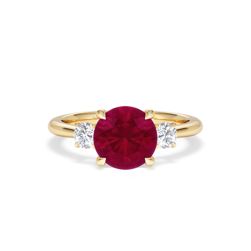 Solene 2.00ct Round Cut Lab Ruby and Lab Diamond 3 Stone Engagement Ring in 18K Yellow Gold