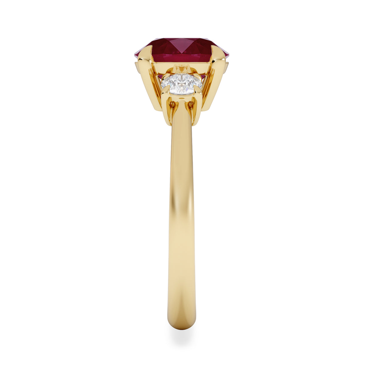 Solene 2.00ct Round Cut Lab Ruby and Lab Diamond 3 Stone Engagement Ring in 18K Yellow Gold