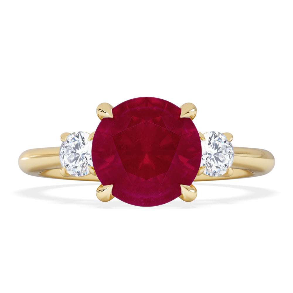 Solene 2.00ct Round Cut Lab Ruby and Lab Diamond 3 Stone Engagement Ring in 18K Yellow Gold
