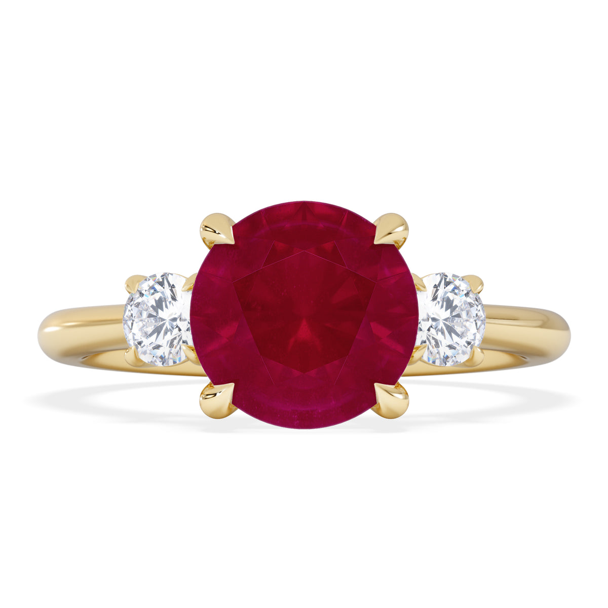 Solene 2.00ct Round Cut Lab Ruby and Lab Diamond 3 Stone Engagement Ring in 18K Yellow Gold