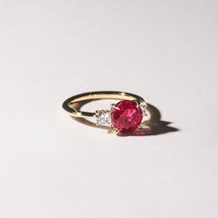 Solene 2.00ct Round Cut Lab Ruby and Lab Diamond 3 Stone Engagement Ring in 18K Yellow Gold