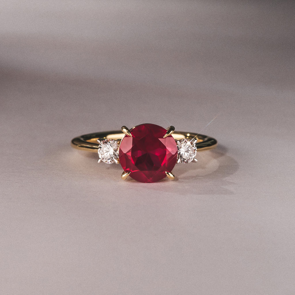 Solene 2.00ct Round Cut Lab Ruby and Lab Diamond 3 Stone Engagement Ring in 18K Yellow Gold