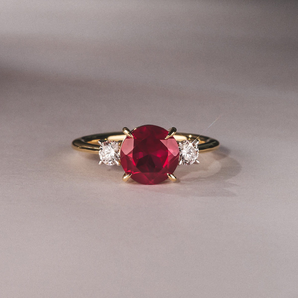 Solene 2.00ct Round Cut Lab Ruby and Lab Diamond 3 Stone Engagement Ring in 18K Yellow Gold