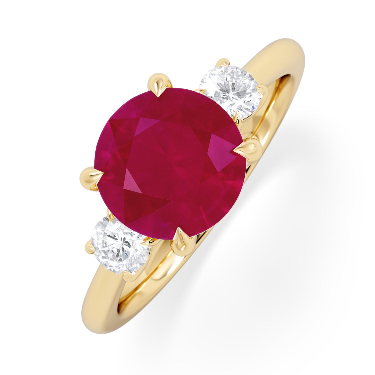 Solene 2.00ct Round Cut Lab Ruby and Lab Diamond 3 Stone Engagement Ring in 18K Yellow Gold