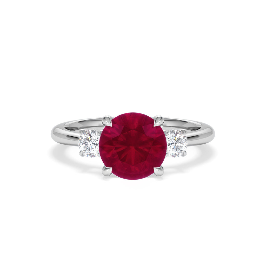 Solene 2.00ct Round Cut Lab Ruby and Lab Diamond 3 Stone Engagement Ring in 18K White Gold