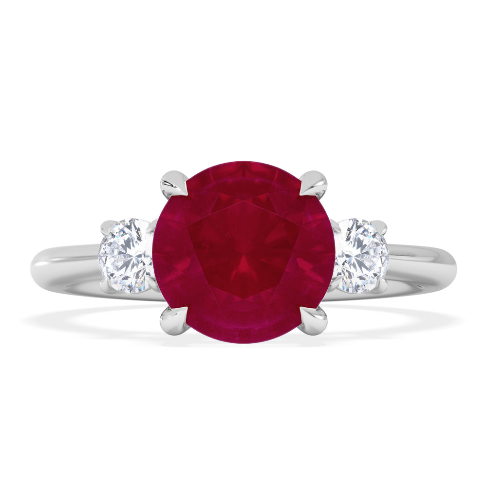 Solene 2.00ct Round Cut Lab Ruby and Lab Diamond 3 Stone Engagement Ring in 18K White Gold