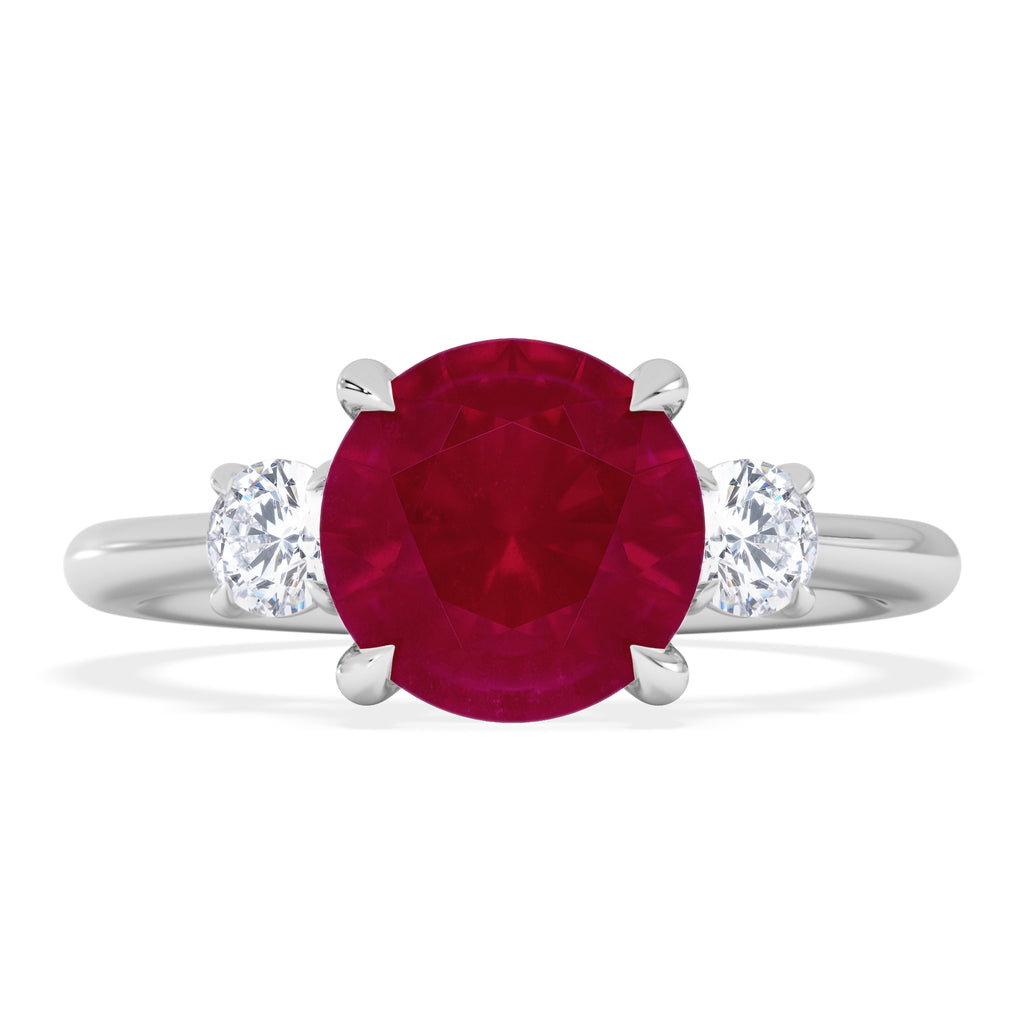 Solene 2.00ct Round Cut Lab Ruby and Lab Diamond 3 Stone Engagement Ring in 18K White Gold