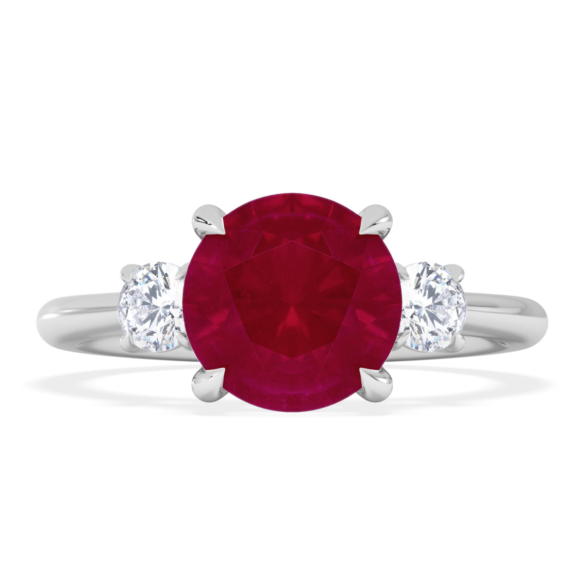 Solene 2.00ct Round Cut Lab Ruby and Lab Diamond 3 Stone Engagement Ring in 18K White Gold