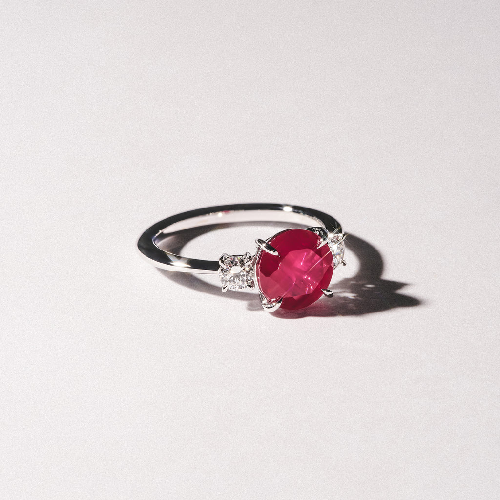Solene 2.00ct Round Cut Lab Ruby and Lab Diamond 3 Stone Engagement Ring in 18K White Gold