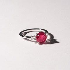 Solene 2.00ct Round Cut Lab Ruby and Lab Diamond 3 Stone Engagement Ring in 18K White Gold