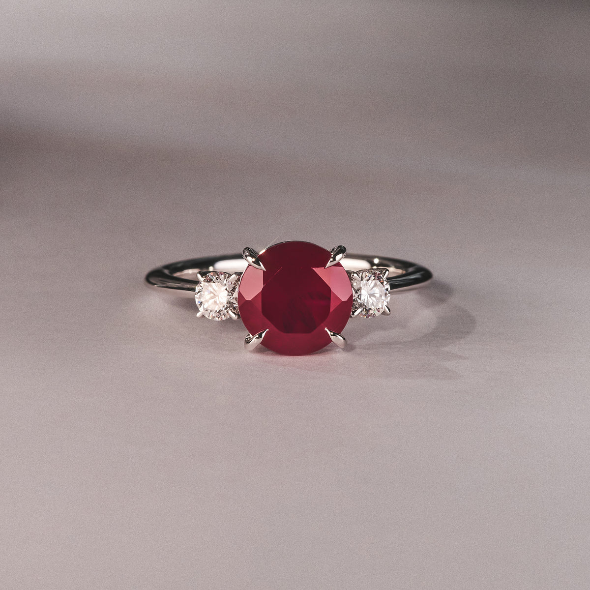 Solene 2.00ct Round Cut Lab Ruby and Lab Diamond 3 Stone Engagement Ring in 18K White Gold