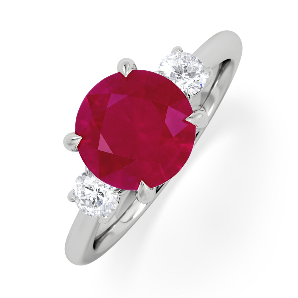Solene 2.00ct Round Cut Lab Ruby and Lab Diamond 3 Stone Engagement Ring in 18K White Gold