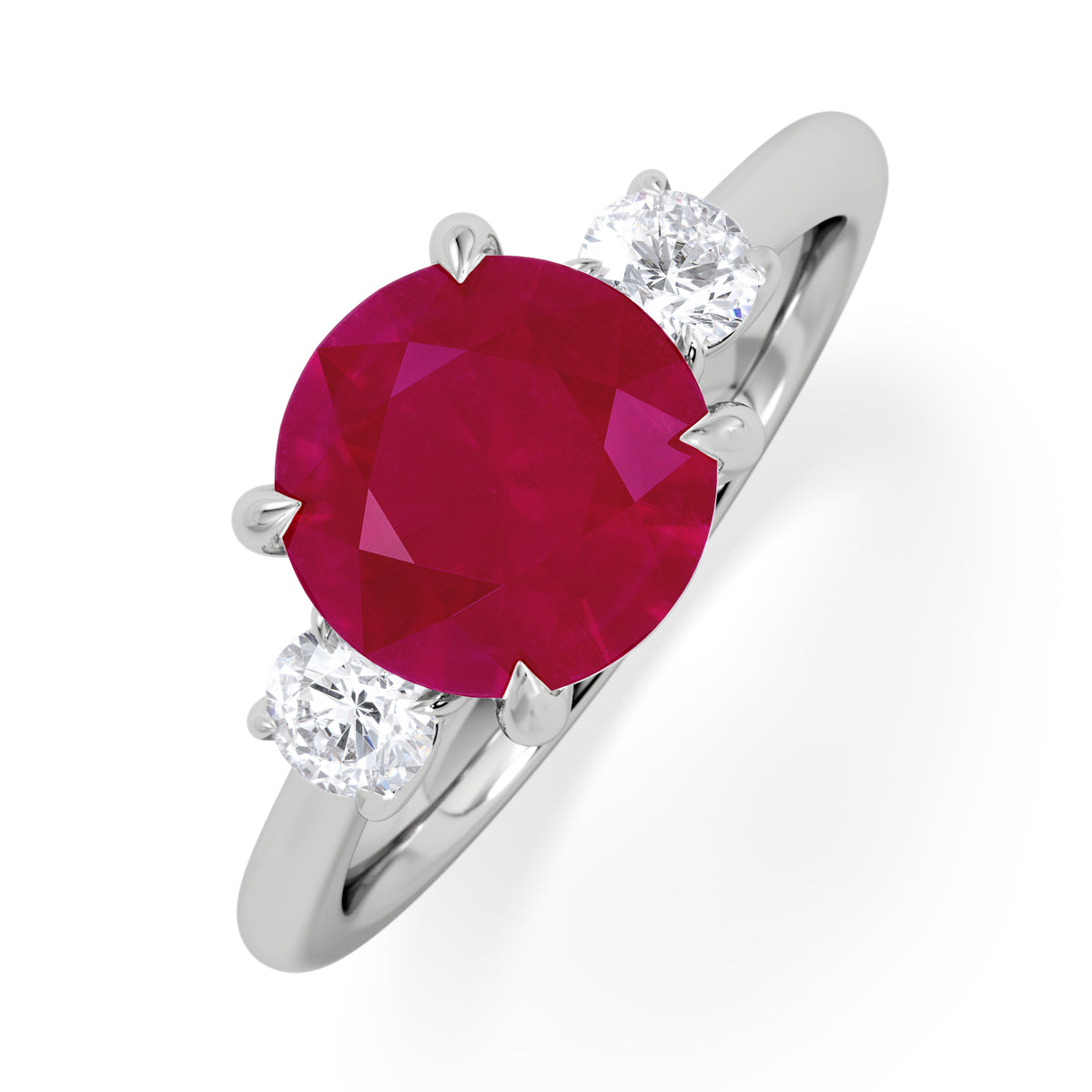 Solene 2.00ct Round Cut Lab Ruby and Lab Diamond 3 Stone Engagement Ring in 18K White Gold
