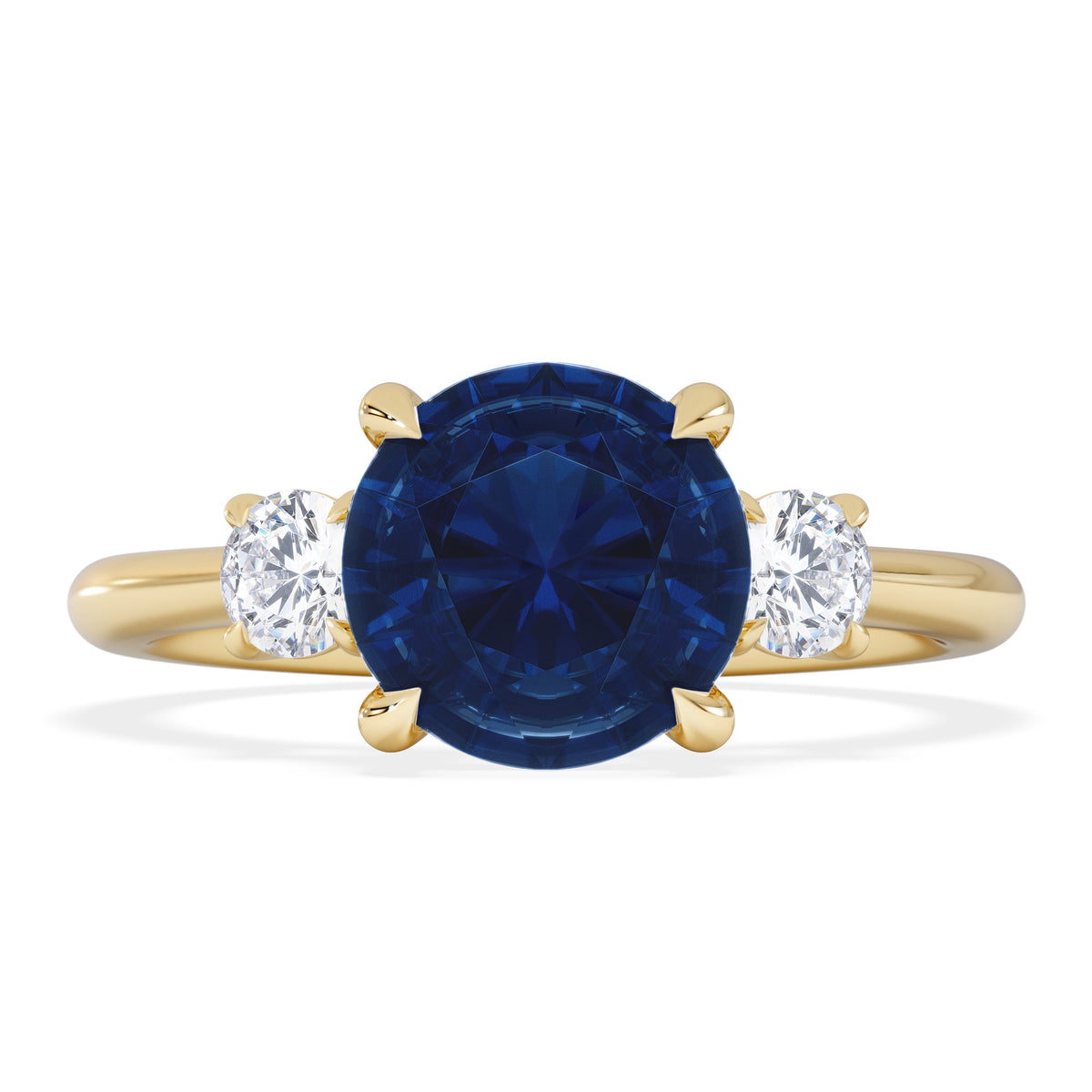 Solene 2.00ct Round Cut Lab Sapphire and Lab Diamond 3 Stone Engagement Ring in 18K Yellow Gold