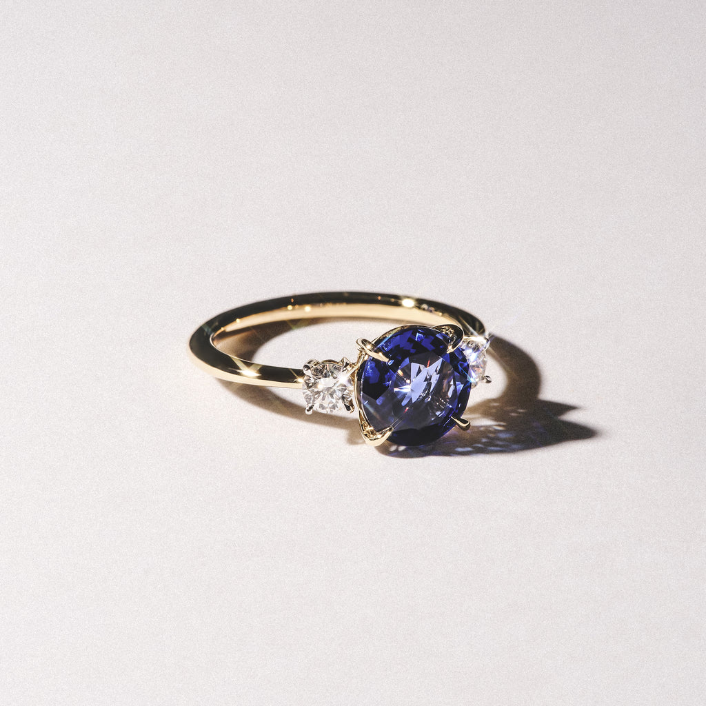 Solene 2.00ct Round Cut Lab Sapphire and Lab Diamond 3 Stone Engagement Ring in 18K Yellow Gold