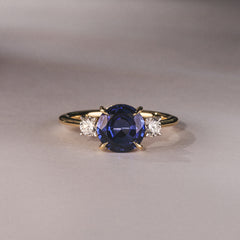 Solene 2.00ct Round Cut Lab Sapphire and Lab Diamond 3 Stone Engagement Ring in 18K Yellow Gold