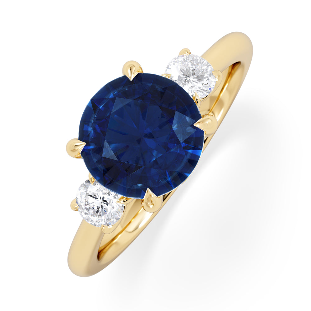 Solene 2.00ct Round Cut Lab Sapphire and Lab Diamond 3 Stone Engagement Ring in 18K Yellow Gold