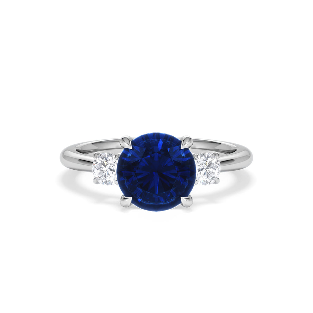 Solene 2.00ct Round Cut Lab Sapphire and Lab Diamond 3 Stone Engagement Ring in 18K White Gold