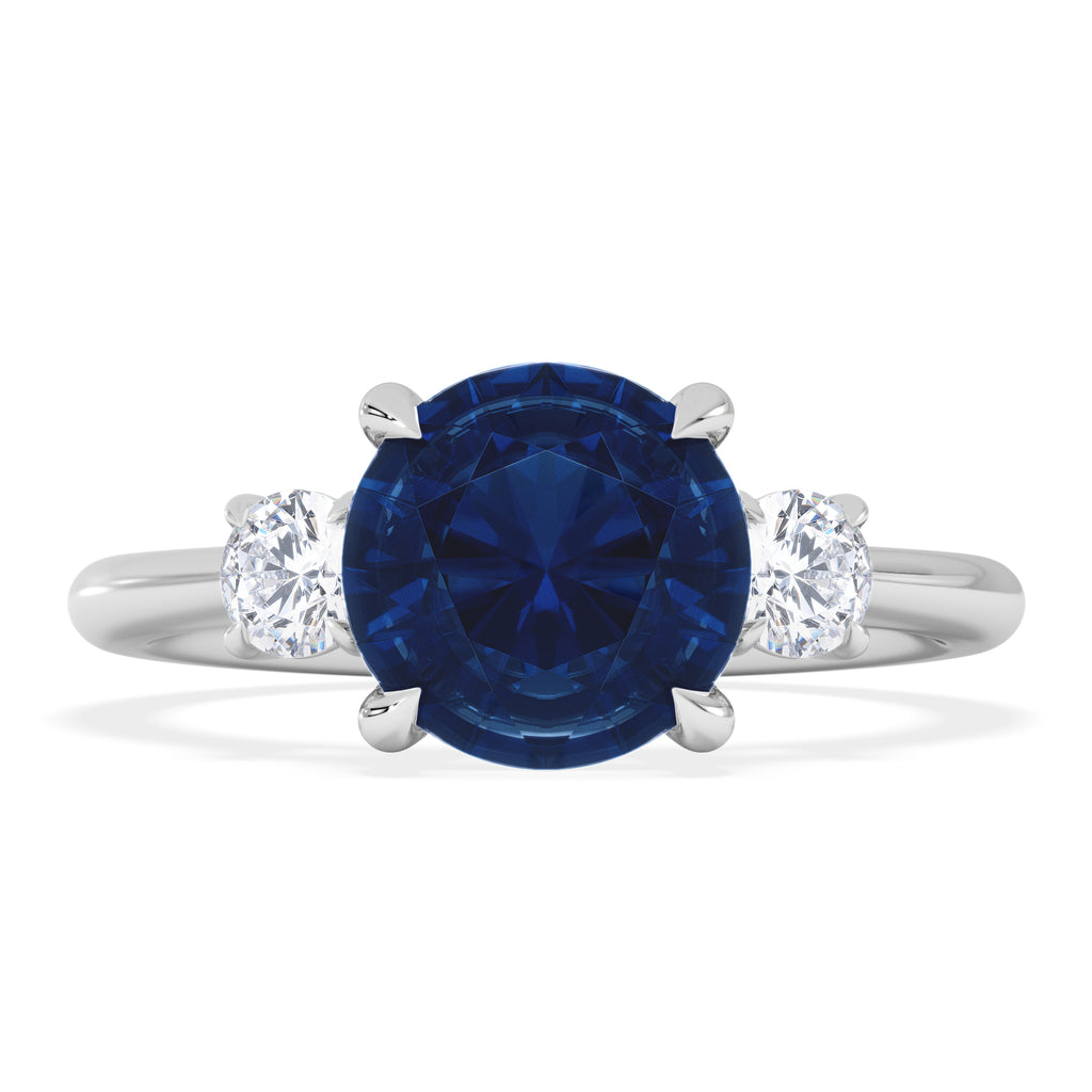 Solene 2.00ct Round Cut Lab Sapphire and Lab Diamond 3 Stone Engagement Ring in 18K White Gold
