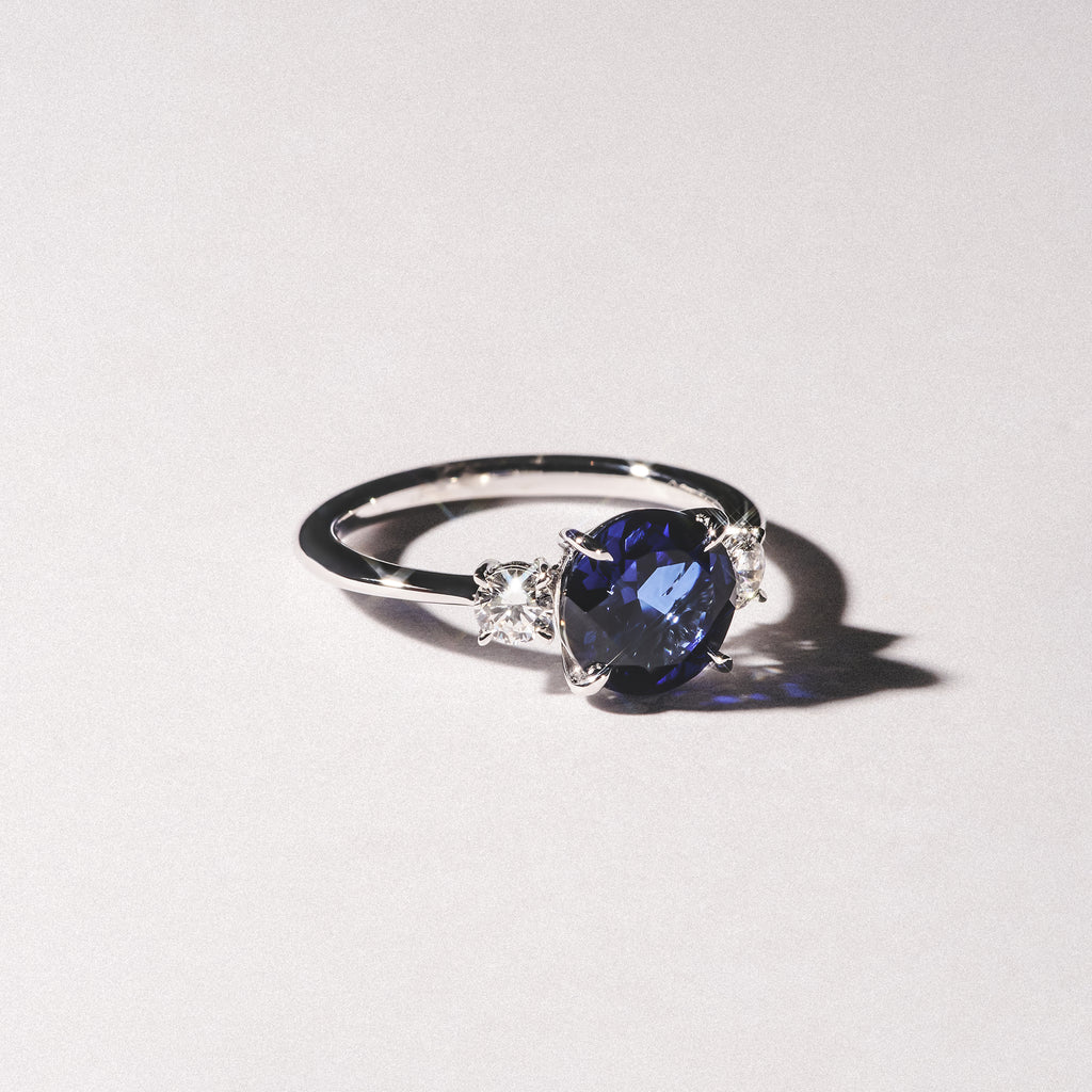 Solene 2.00ct Round Cut Lab Sapphire and Lab Diamond 3 Stone Engagement Ring in 18K White Gold