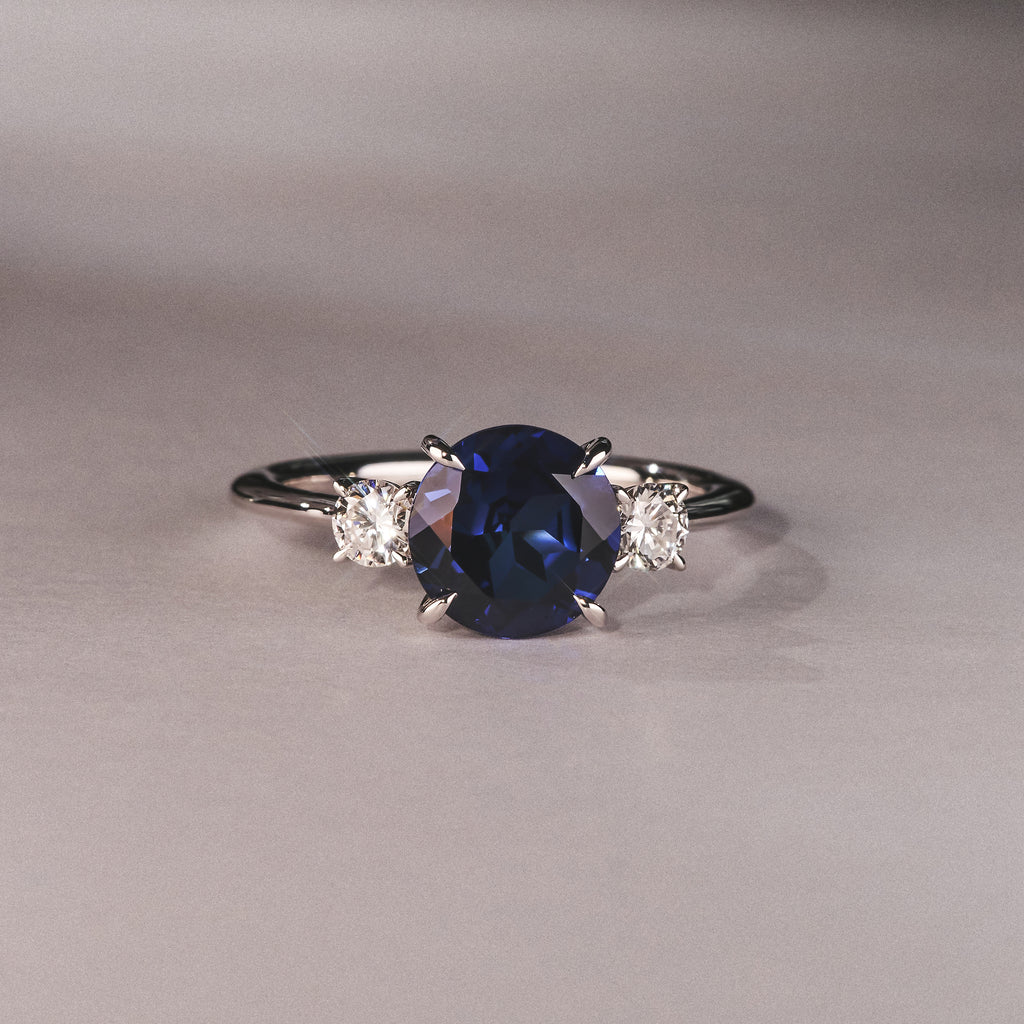 Solene 2.00ct Round Cut Lab Sapphire and Lab Diamond 3 Stone Engagement Ring in 18K White Gold