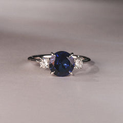 Solene 2.00ct Round Cut Lab Sapphire and Lab Diamond 3 Stone Engagement Ring in 18K White Gold