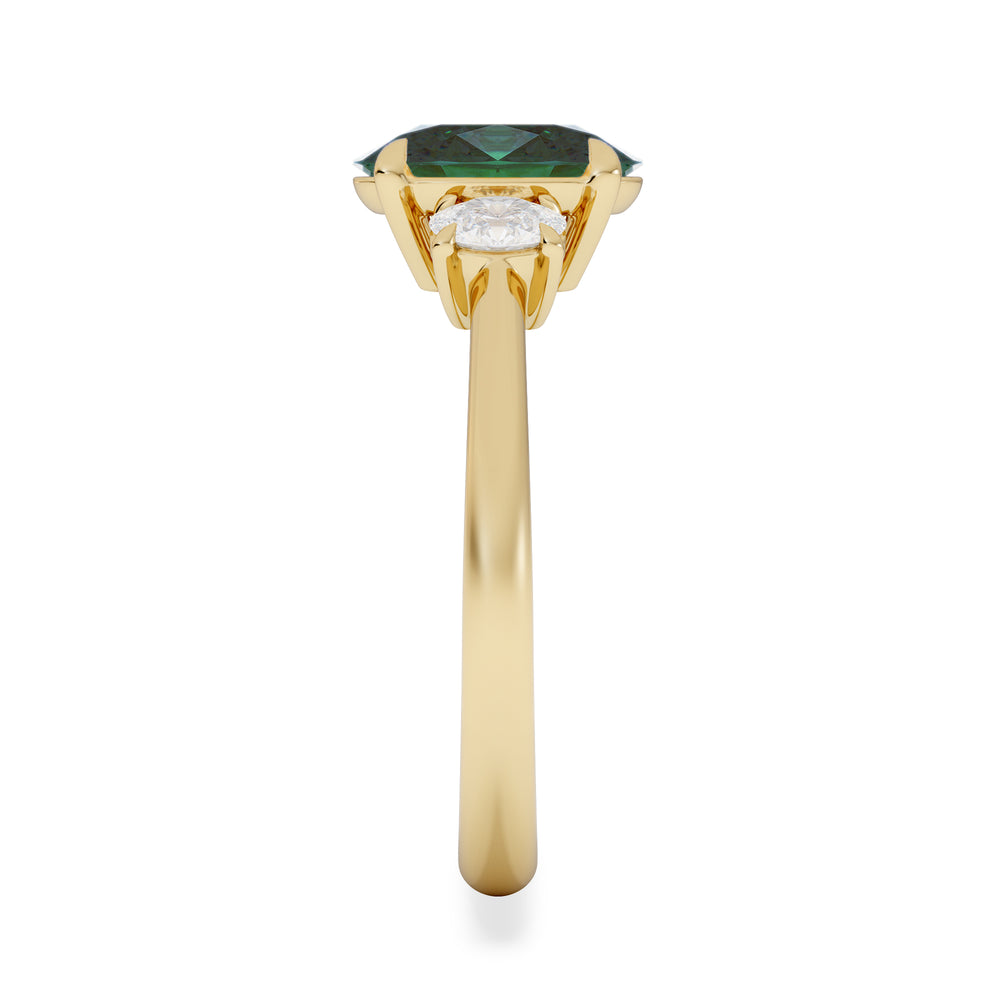 Solene 2.00ct Oval Lab Emerald and Lab Diamond 3 Stone Engagement Ring in 18K Yellow Gold