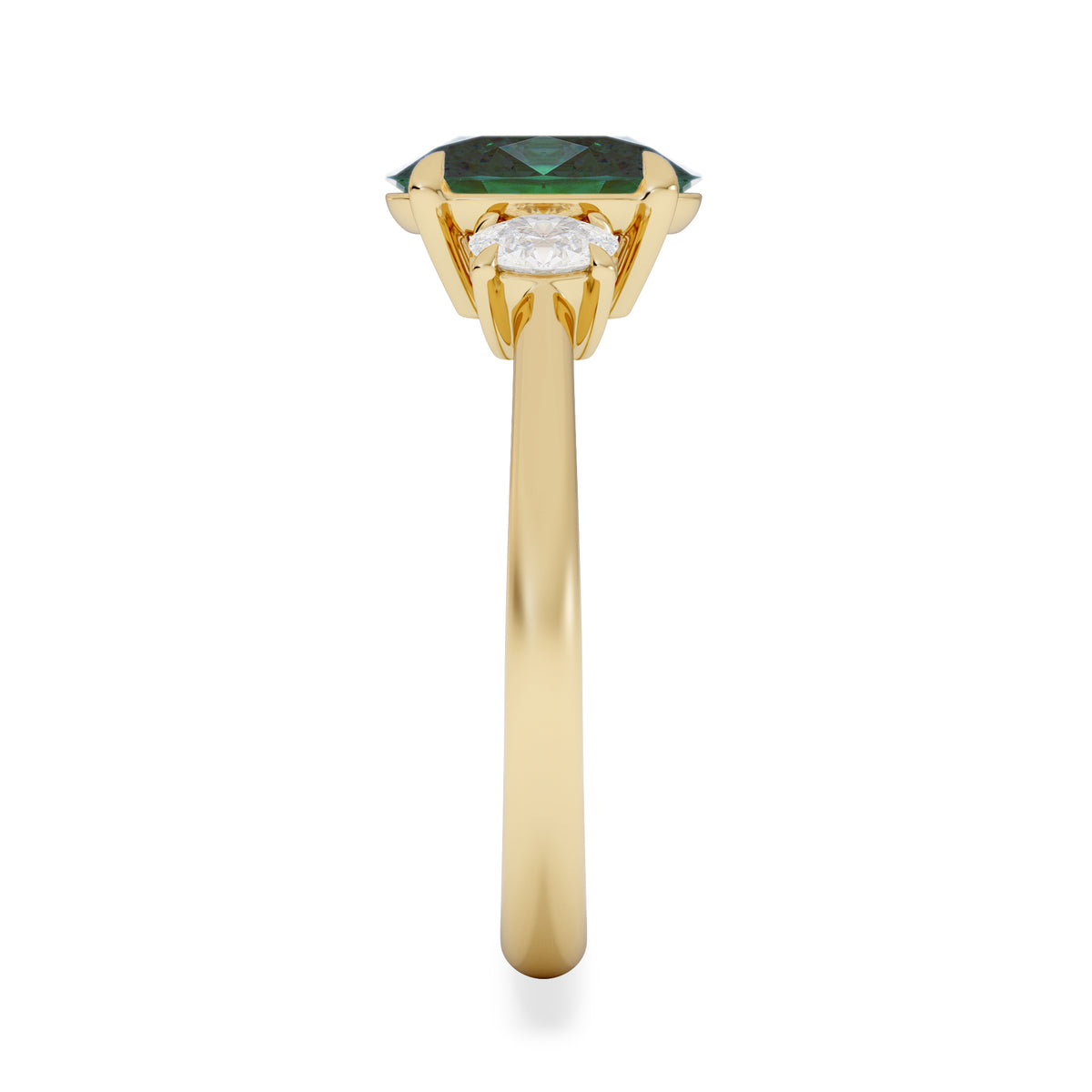 Solene 2.00ct Oval Lab Emerald and Lab Diamond 3 Stone Engagement Ring in 18K Yellow Gold