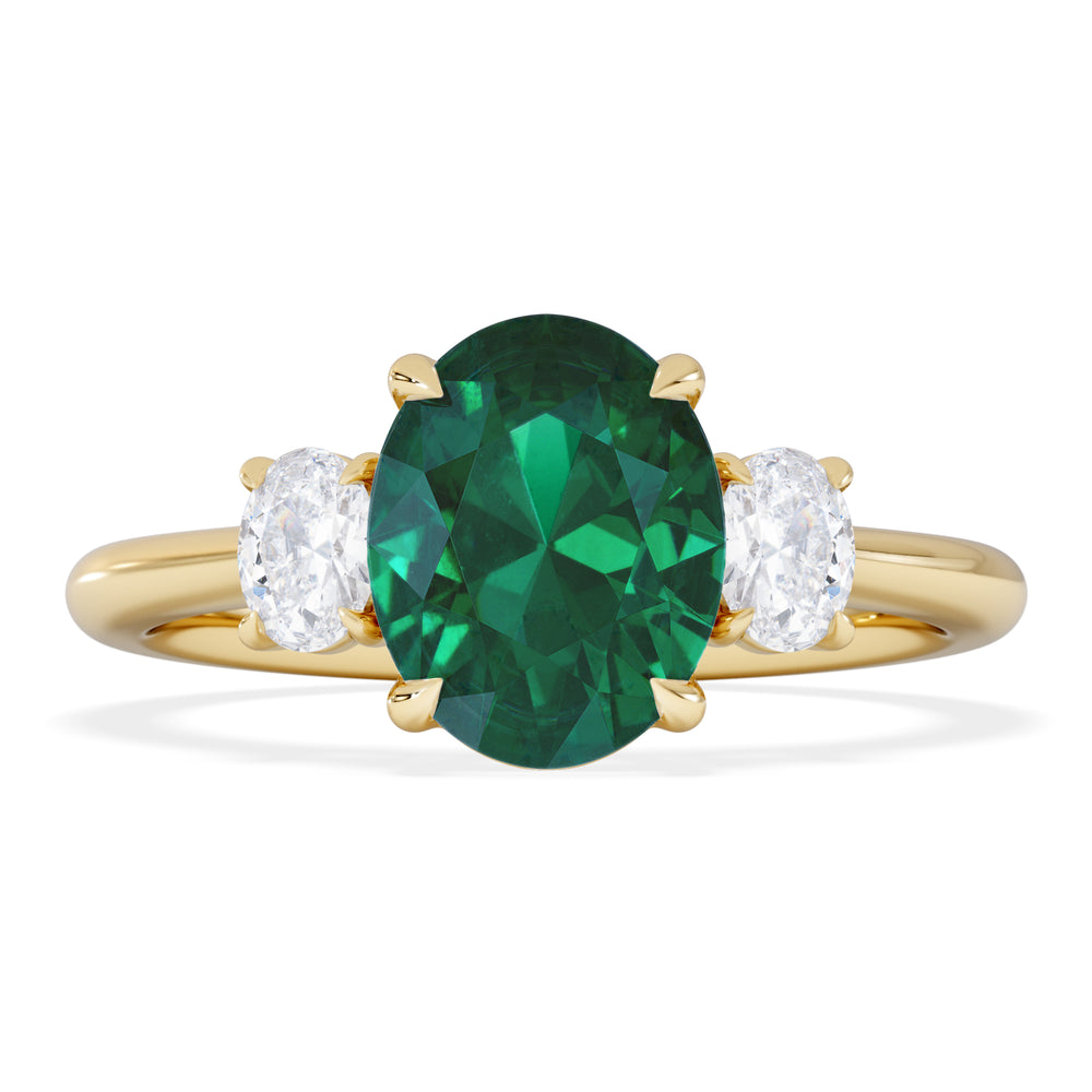 Solene 2.00ct Oval Lab Emerald and Lab Diamond 3 Stone Engagement Ring in 18K Yellow Gold