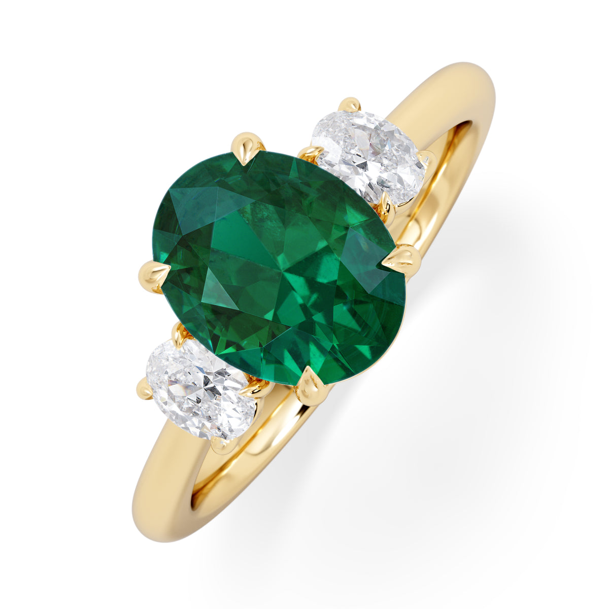 Solene 2.00ct Oval Lab Emerald and Lab Diamond 3 Stone Engagement Ring in 18K Yellow Gold