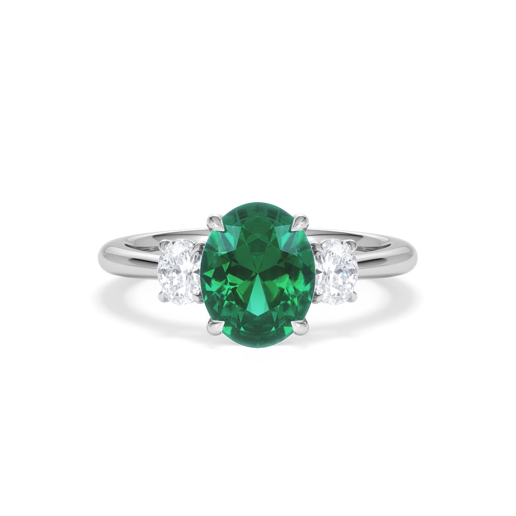Solene 2.00ct Oval Cut Lab Emerald and Lab Diamond 3 Stone Engagement Ring in 18K White Gold