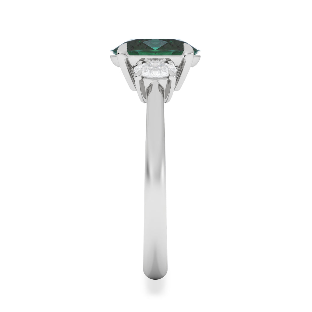 Solene 2.00ct Oval Cut Lab Emerald and Lab Diamond 3 Stone Engagement Ring in 18K White Gold