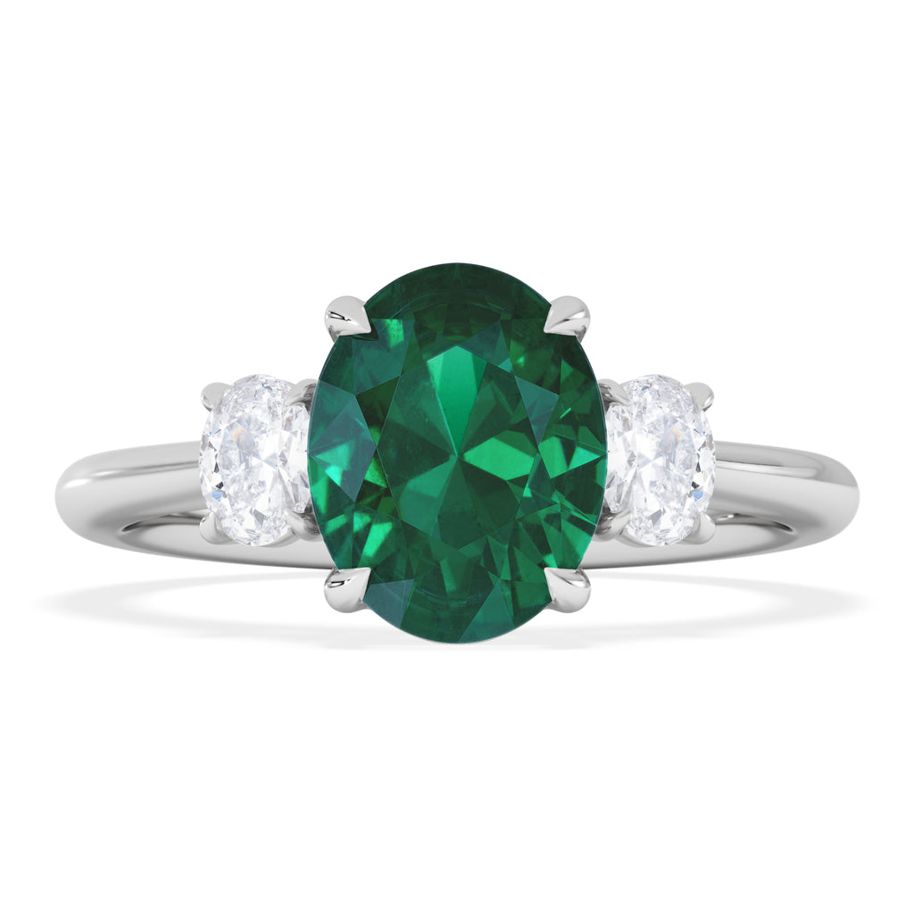 Solene 2.00ct Oval Cut Lab Emerald and Lab Diamond 3 Stone Engagement Ring in 18K White Gold
