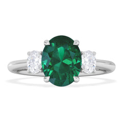 Solene 2.00ct Oval Cut Lab Emerald and Lab Diamond 3 Stone Engagement Ring in 18K White Gold