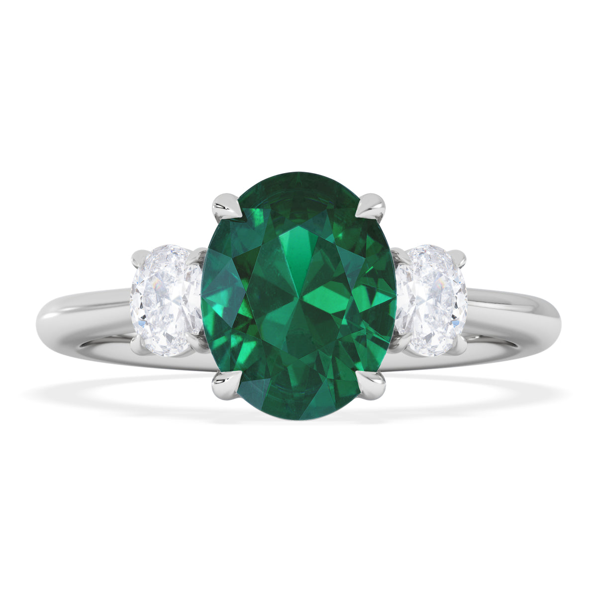 Solene 2.00ct Oval Cut Lab Emerald and Lab Diamond 3 Stone Engagement Ring in 18K White Gold