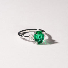 Solene 2.00ct Oval Cut Lab Emerald and Lab Diamond 3 Stone Engagement Ring in 18K White Gold