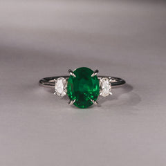 Solene 2.00ct Oval Cut Lab Emerald and Lab Diamond 3 Stone Engagement Ring in 18K White Gold