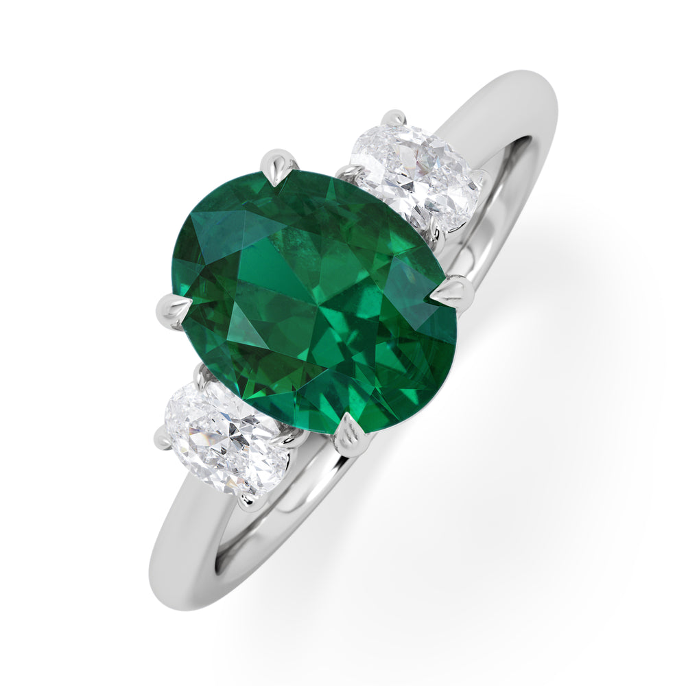 Solene 2.00ct Oval Cut Lab Emerald and Lab Diamond 3 Stone Engagement Ring in 18K White Gold