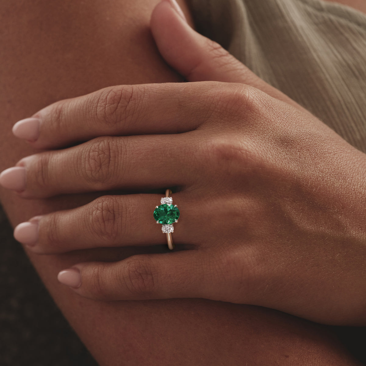 Solene 2.00ct Oval Cut Lab Emerald and Lab Diamond 3 Stone Engagement Ring in 18K White Gold