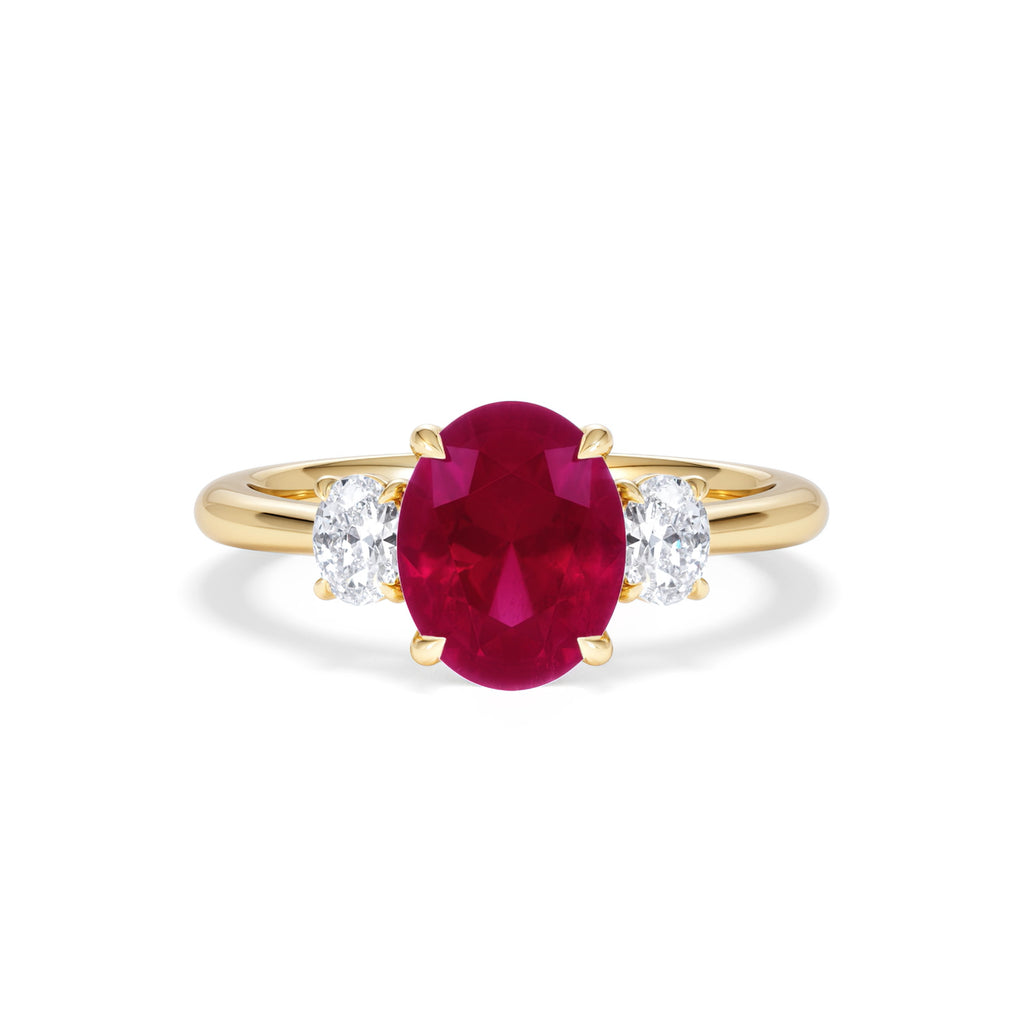 Solene 2.00ct Oval Cut Lab Ruby and Lab Diamond 3 Stone Engagement Ring in 18K Yellow Gold