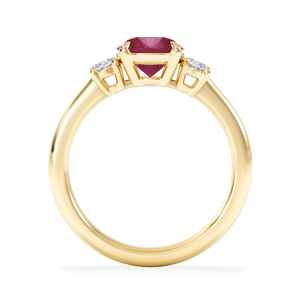 Solene 2.00ct Oval Cut Lab Ruby and Lab Diamond 3 Stone Engagement Ring in 18K Yellow Gold