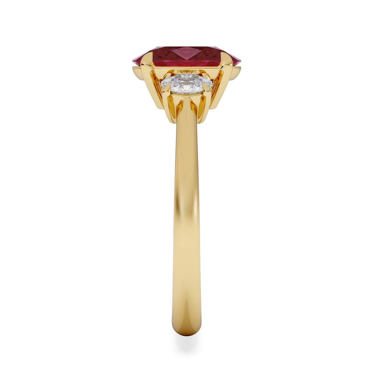 Solene 2.00ct Oval Cut Lab Ruby and Lab Diamond 3 Stone Engagement Ring in 18K Yellow Gold