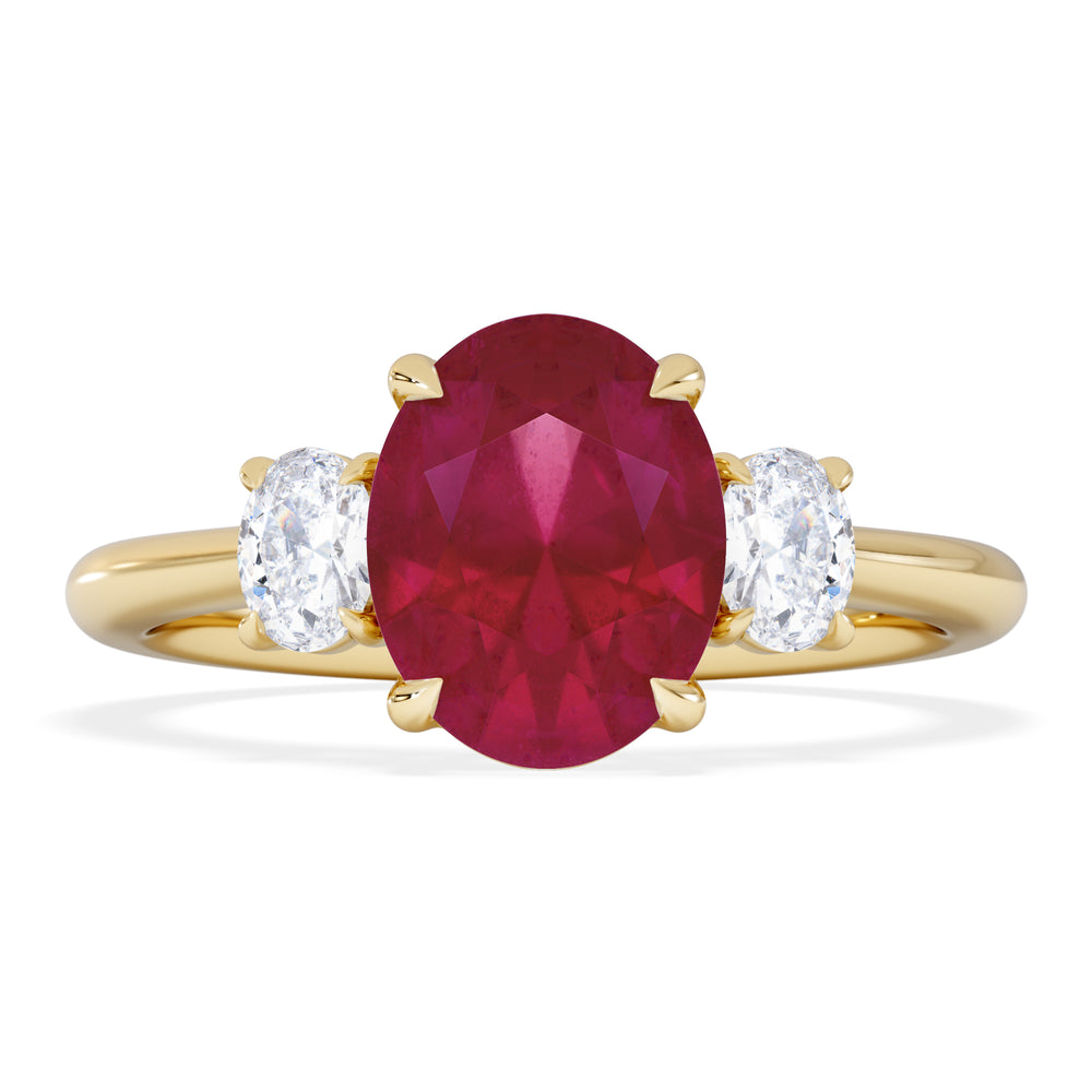 Solene 2.00ct Oval Cut Lab Ruby and Lab Diamond 3 Stone Engagement Ring in 18K Yellow Gold