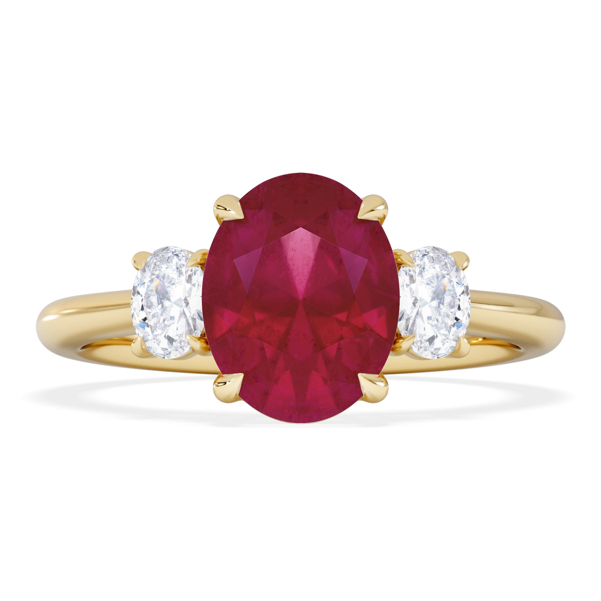 Solene 2.00ct Oval Cut Lab Ruby and Lab Diamond 3 Stone Engagement Ring in 18K Yellow Gold