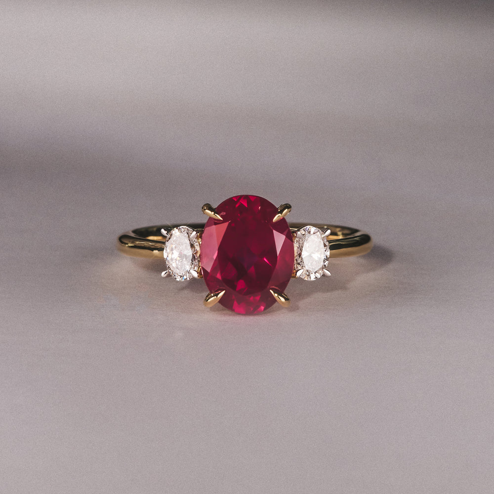 Solene 2.00ct Oval Cut Lab Ruby and Lab Diamond 3 Stone Engagement Ring in 18K Yellow Gold
