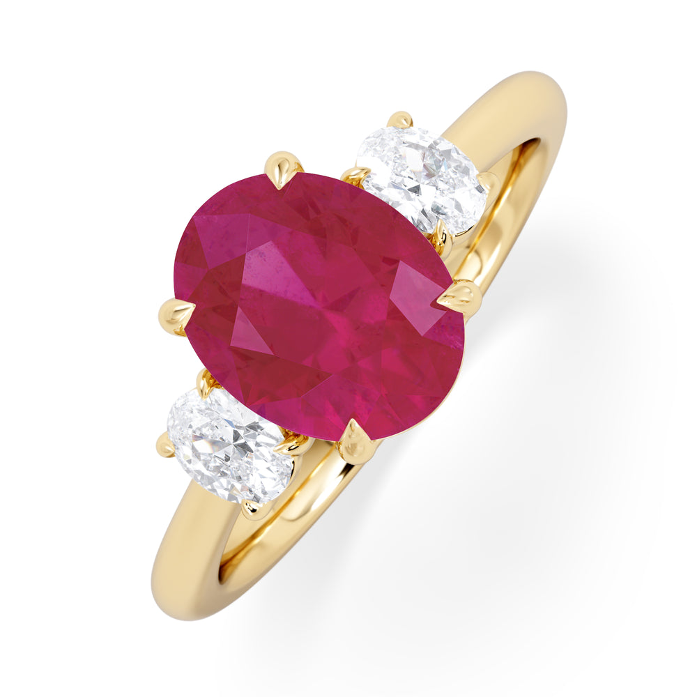 Solene 2.00ct Oval Cut Lab Ruby and Lab Diamond 3 Stone Engagement Ring in 18K Yellow Gold
