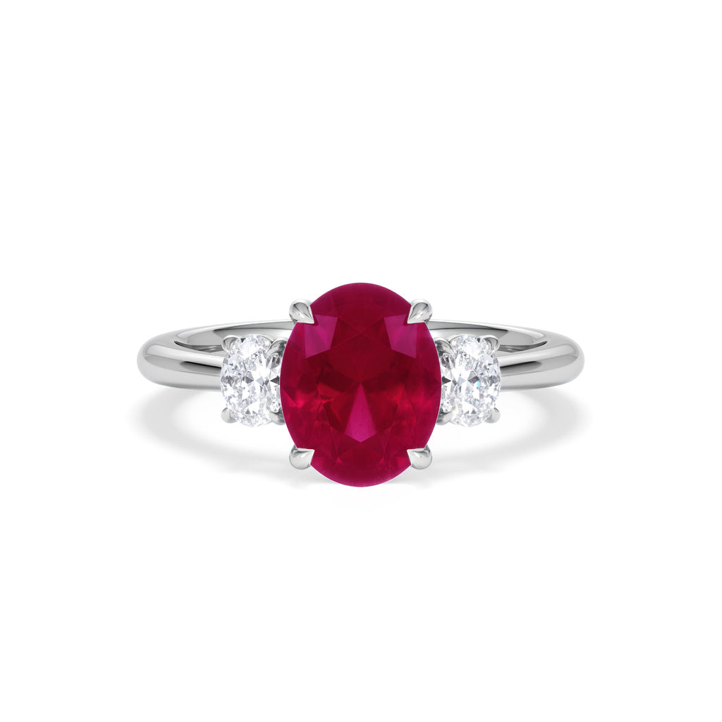 Solene 2.00ct Oval Cut Lab Ruby and Lab Diamond 3 Stone Engagement Ring in 18K White Gold